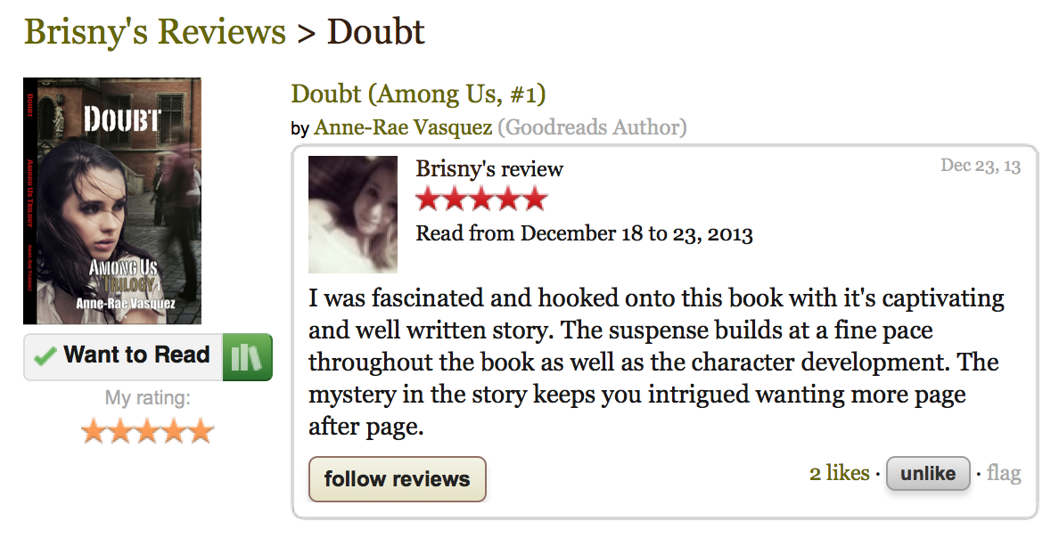 GoodReads 5 star review of Doubt - Among Us Trilogy